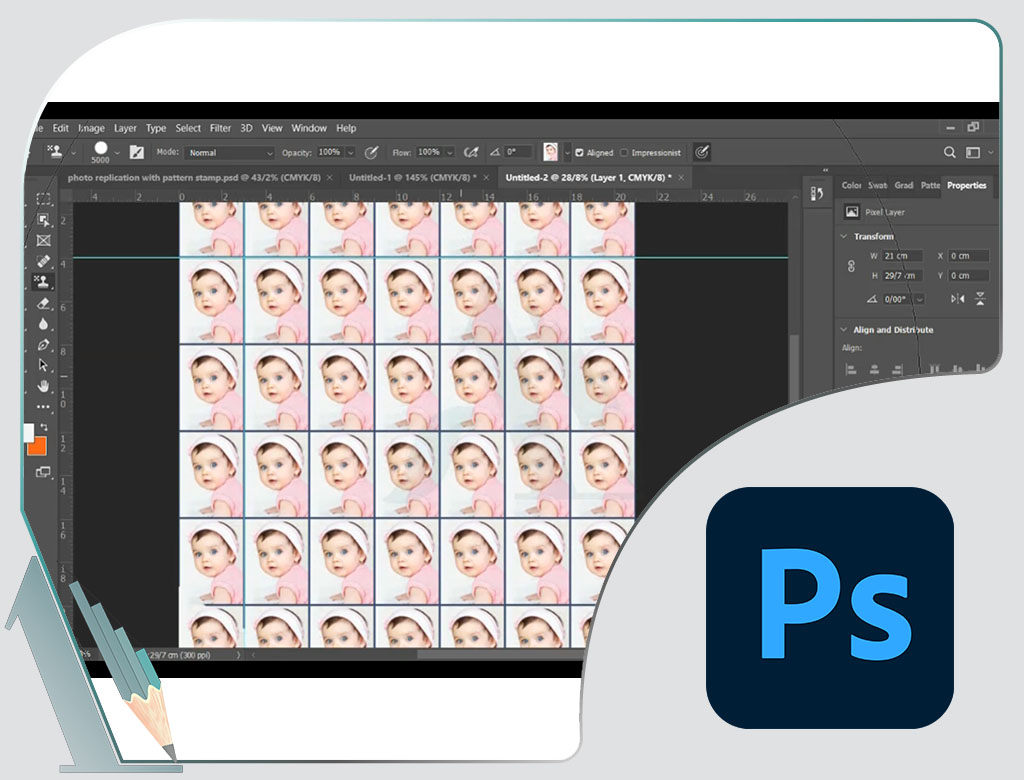 کلیپ تخصصی  فتوشاپ – photoshop – تکنیک – تصویر – سایز – دلخواه – pattern – ابزار – stamp tool - چاپ